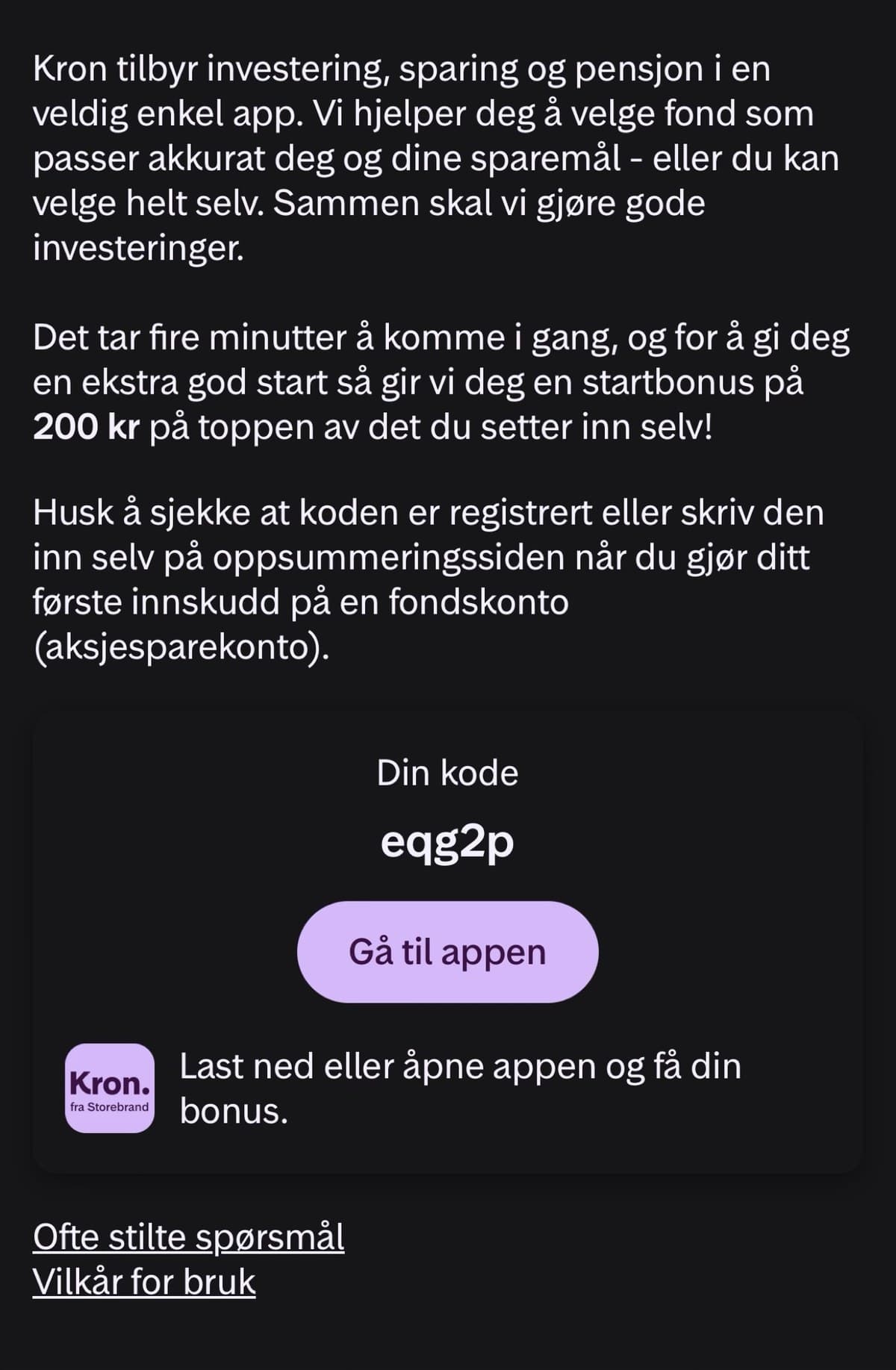 Skjermdump fra Kron-appen som viser velkomstmeldingen med 200 kr i startbonus og vervekoden eqg2p